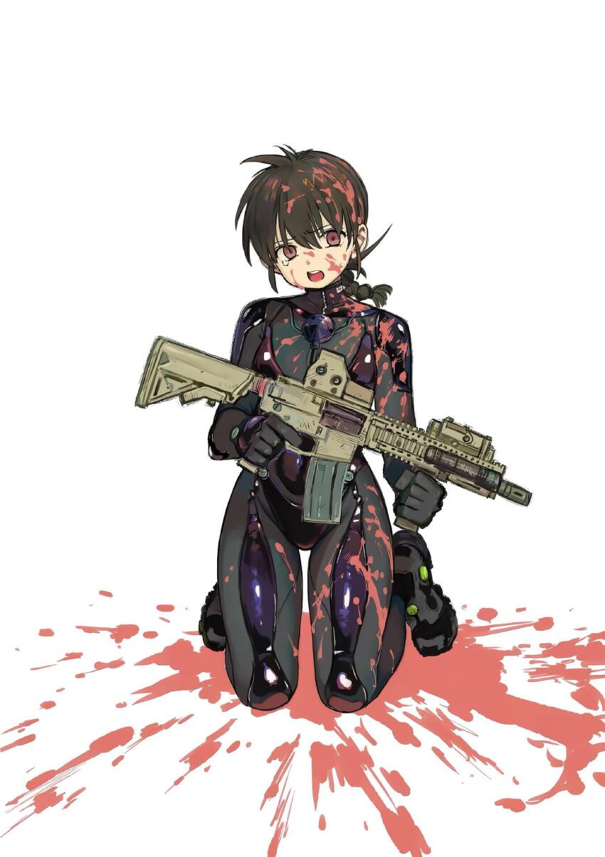 1girl assault_rifle black_bodysuit black_footwear blood blood_stain bodysuit braid brown_eyes brown_hair covered_navel gun highres holding holding_gun holding_weapon ichigaya_sumire legs m4_carbine non-web_source open_mouth rai_rai_rai rifle skin_tight tearing_up thighs weapon white_background