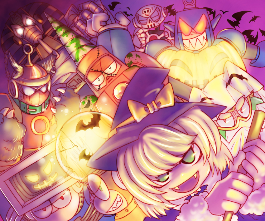 ancient_egyptian bats blonde_hair bright_man broom capcom cosplay costume custom dive_man drill drill_man dust_man evil_grin evil_smile fangs glowing glowing_eyes green_eyes grin halloween halloween_costume hat helmet kalinka_cossack_(mega_man) light_bulb looking_at_viewer mega_man_(classic) mega_man_(series) mega_man_4 open_mouth pharaoh pharaoh_man red_eyes ring_man robot robot_ears skull_man smile sweat toad_man white_eyes witch witch_hat