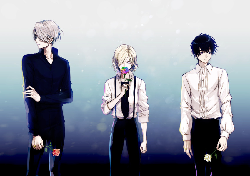3boys black_eyes black_hair black_pants black_shirt blonde_hair blue_background blue_eyes commentary covering_own_mouth floating_hair flower gold_ring gradient_background hair_over_one_eye holding holding_flower husband_and_husband jewelry katsuki_yuuri looking_at_viewer looking_to_the_side male_focus multicolored_flower multicolored_rose multiple_boys pants ring rose shirt shirt_tucked_in shirt_under_shirt short_hair suspenders symbol-only_commentary viktor_nikiforov vze6277 wedding_ring white_background white_flower white_hair white_rose white_shirt yaoi yuri!!!_on_ice yuri_plisetsky