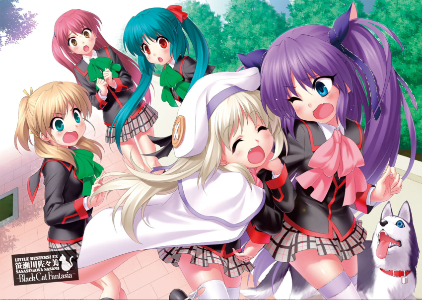 5girls :d :o ^_^ animal_ears blonde_hair blue_eyes brown_hair cape cat cat_ears closed_eyes dog fang green_hair hair_ornament hair_ribbon hat kawagoe_rei little_busters! long_hair multiple_girls nakamura_yukari noumi_kudryavka one_eye_closed open_mouth plaid_clothes plaid_skirt purple_hair ribbon sasasegawa_sasami school_uniform silver_hair skirt smile strelka thighhighs twintails watanabe_sakiko zen