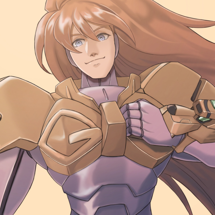 1boy armor blue_eyes brown_hair hair_between_eyes head_tilt highres jinri_shijie long_hair looking_at_viewer male_focus power_armor science_fiction shishiou_gai smile solo upper_body yellow_background yuusha_ou_gaogaigar yuusha_series