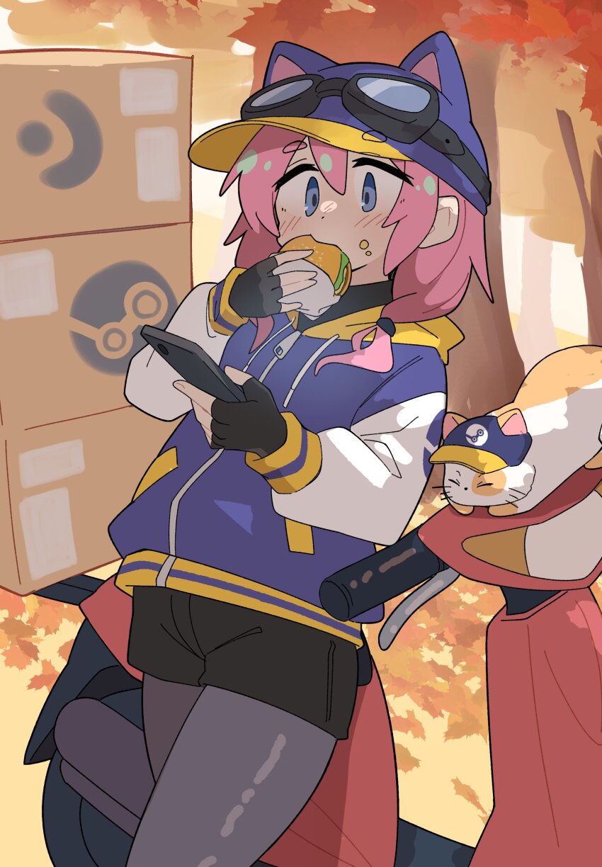 1girl absurdres animal animal_hat black_gloves blue_eyes blush box burger cardboard_box cat cellphone commentary_request eating fingerless_gloves food food_on_face gloves goggles goggles_on_headwear grey_pantyhose hair_between_eyes hat highres holding holding_burger holding_food holding_phone hood hooded_jacket jacket long_sleeves motor_vehicle outdoors pantyhose phone pink_hair scooter shorts smartphone steam_(platform) steam_delivery_girl tree yayuyoyayuyo