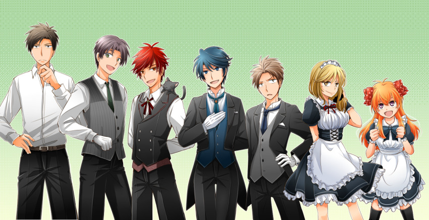 3girls 4boys animal animal_on_shoulder apron arms_behind_back ascot black_hair black_necktie black_vest blonde_hair blue_ascot blue_eyes blue_hair blue_necktie bow breasts brown_eyes brown_hair butler cat cat_on_shoulder clenched_hands commentary_request crossdressing dress frown gekkan_shoujo_nozaki-kun gloves green_eyes green_necktie hair_bow hand_on_own_hip hori_masayuki kashima_yuu kneehighs large_breasts maid maid_headdress medium_breasts medium_dress mikoshiba_mikoto multiple_boys multiple_girls necktie nozaki_umetarou open_mouth orange_hair polka_dot polka_dot_bow purple_eyes red_eyes red_hair reverse_trap sakura_chiyo seo_yuzuki smile socks takana_x123 vest waist_apron waiter wakamatsu_hirotaka white_gloves wrist_cuffs yellow_eyes