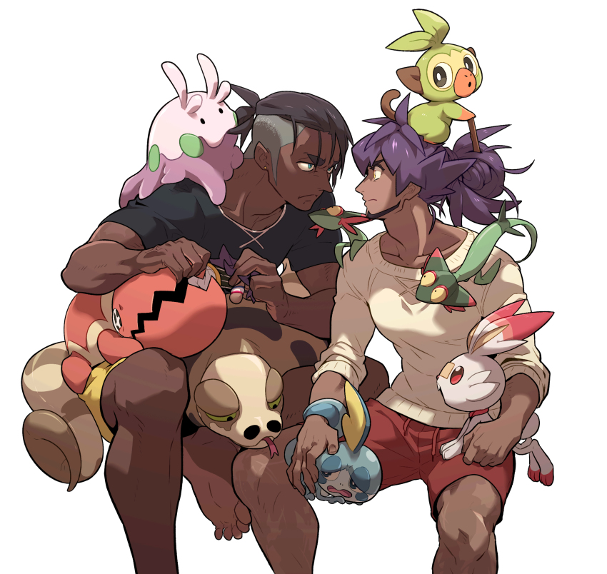 2boys alternate_costume black_hair black_shirt closed_mouth commentary dark-skinned_male dark_skin doll dreepy earrings eye_contact facial_hair frown gen_3_pokemon gen_6_pokemon gen_8_pokemon goomy grookey highres holding holding_doll jewelry knees leon_(pokemon) looking_at_another male_focus multiple_boys nintendo on_head pokemon pokemon_(creature) pokemon_on_head pokemon_swsh purple_hair raihan_(pokemon) red_shorts redlhzz scorbunny shirt short_hair short_sleeves shorts silicobra sobble sweater t-shirt trapinch undercut