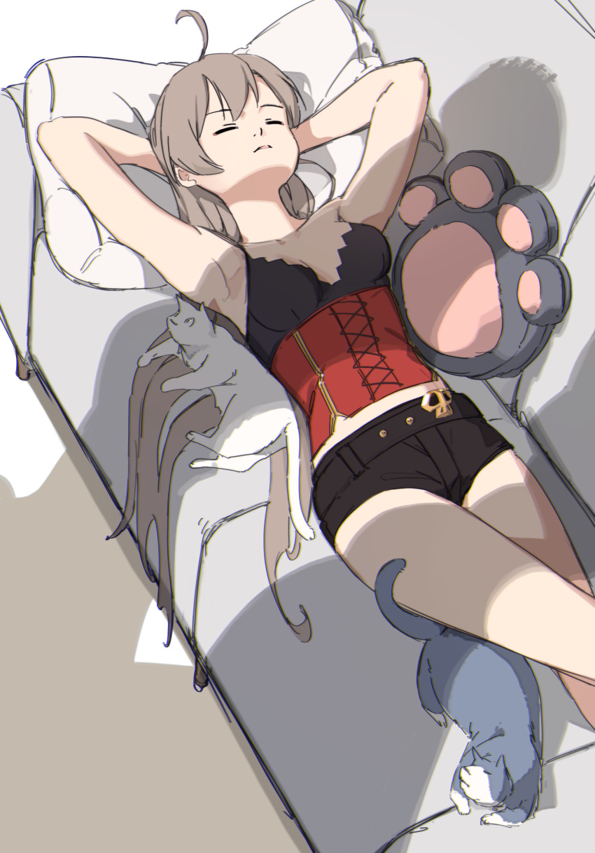 1girl ahoge armpits arms_behind_head arms_up azur_lane belt black_shorts breasts brown_corset brown_hair bustier cat closed_eyes closed_mouth collarbone corset couch hatski.sin highres jean_bart_(azur_lane) long_hair lying medium_breasts midriff official_alternate_costume on_back on_couch pillow shadow short_shorts shorts sleeping small_breasts solo very_long_hair
