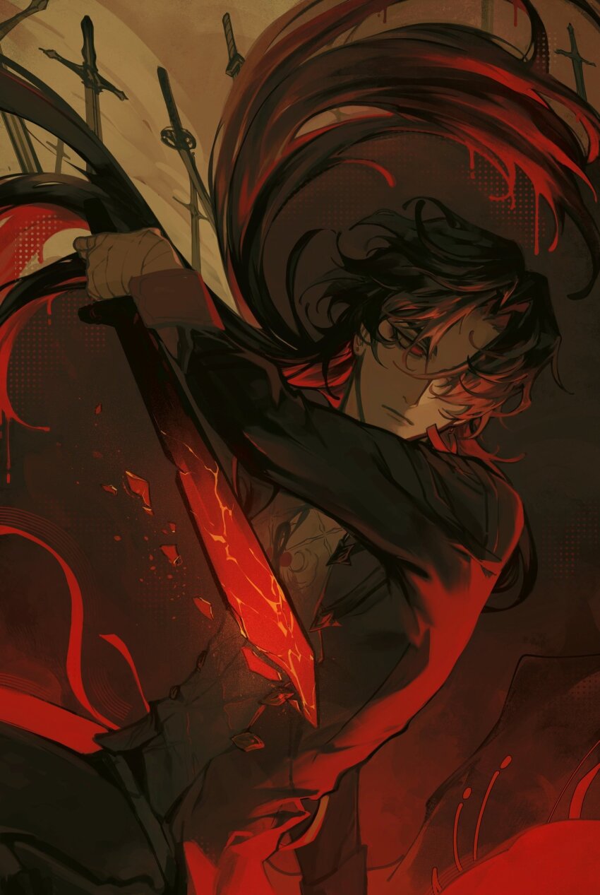 1boy arm_up bandaged_hand bandages black_hair blade_(honkai:_star_rail) broken broken_sword broken_weapon commentary determined dripping earrings english_commentary floating_hair from_below glowing_cracks hair_over_one_eye head_tilt highres holding holding_sword holding_weapon honkai:_star_rail honkai_(series) imminent_attack imminent_stabbing jewelry leaning_forward long_hair looking_down male_focus multiple_swords no_pupils parted_bangs red_eyes red_light shards solo ssanagi00 sword very_long_hair weapon