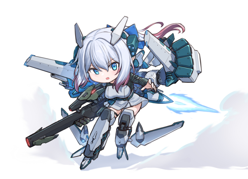 1girl blue_bow blue_eyes bow breasts chibi dolls_nest full_body gradient_hair hair_bow headgear high_ponytail highres maxilax mecha_musume multicolored_hair open_mouth ponytail red_hair seedling_(dolls_nest) soles weapon white_hair