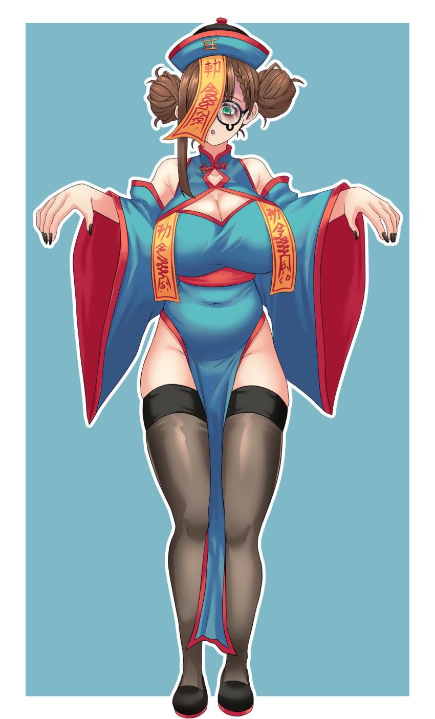 1girl :o asymmetrical_sidelocks black-framed_eyewear black_footwear black_nails black_thighhighs blue_background blue_dress blue_sleeves braid breasts brown_hair cleavage cleavage_cutout clothing_cutout commentary detached_sleeves dress english_commentary glasses green_eyes hair_bun highres huge_breasts jiangshi long_sleeves manon_merope nexas_(vtuber) ofuda outline puffywaffles side_slit solo thighhighs virtual_youtuber white_outline wide_sleeves
