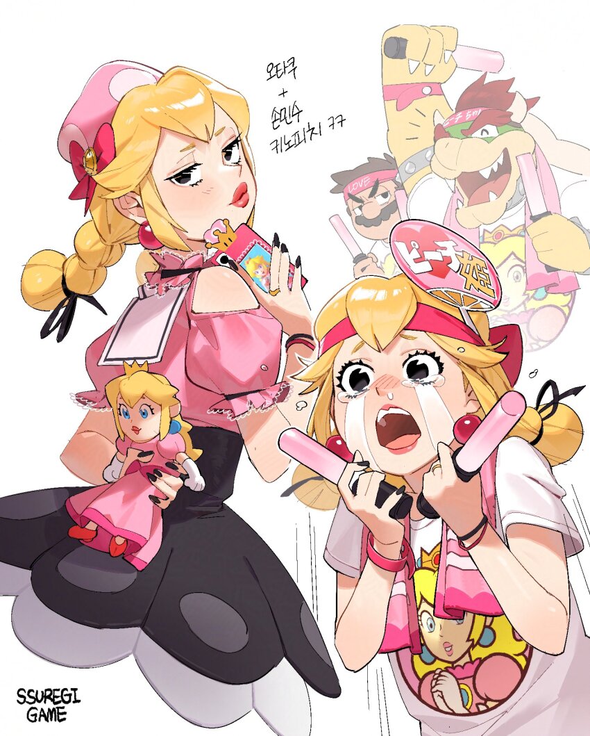 bare_shoulders black_nails bowser crying glowstick hat headband highres mario mario_(series) new_super_mario_bros._u_deluxe nintendo open_mouth peachette pink_lips princess_peach shirt ssuregigame stuffed_toy white_shirt