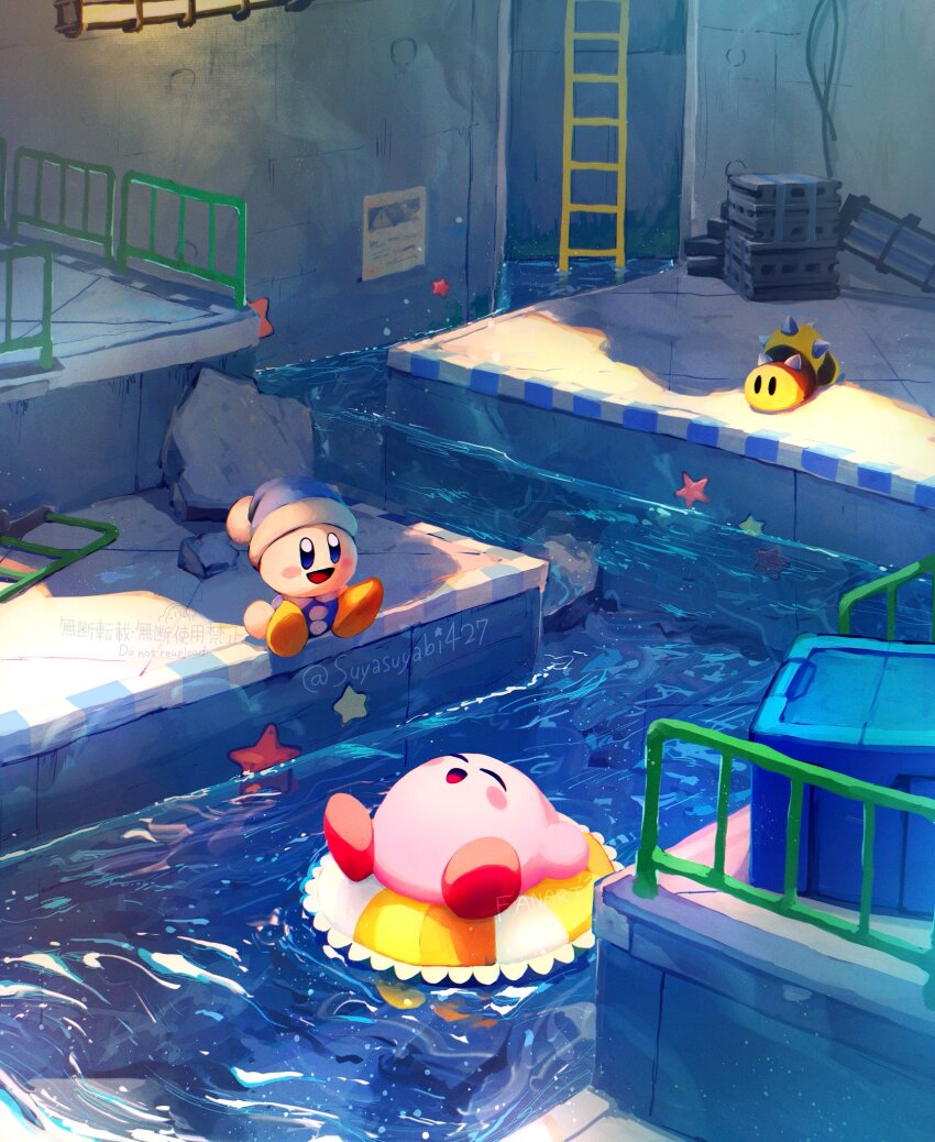:d blue_eyes blue_hat blush_stickers character_request closed_eyes fence hat highres innertube kirby kirby_(series) ladder lying nintendo no_humans on_back open_mouth outdoors poppy_bros_jr sitting smile suyasuyabi swim_ring twitter_username water