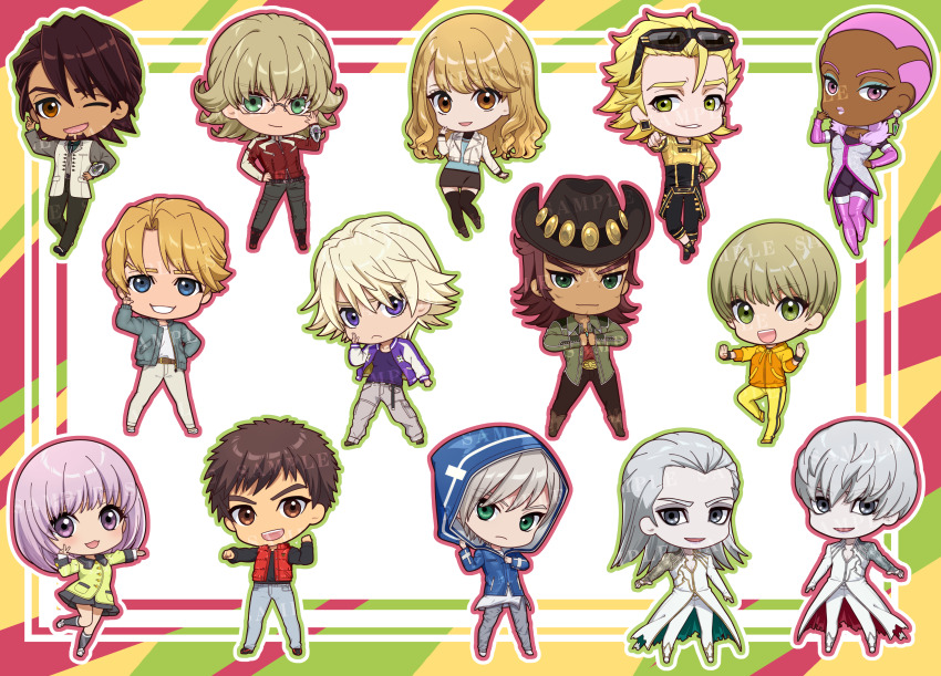 3girls 6+boys :d absurdres antonio_lopez barnaby_brooks_jr. black_hat black_thighhighs blonde_hair blue_eyes blue_shirt blush boots brown_eyes brown_hair chibi clenched_hands closed_mouth commentary_request cowboy_hat dark-skinned_male dark_skin earrings eyelashes eyeshadow eyewear_on_head facial_hair fugan_(tiger_&amp;_bunny) full_body glasses goatee green_eyes green_outline grey_eyes grey_hair grey_pants grey_shirt hand_on_own_hip hat highres hood hood_down hood_up hoodie huang_baoling ivan_karelin jacket jewelry kaburagi_t._kotetsu karina_lyle keith_goodman lara_tchaikoskaya long_hair long_sleeves makeup medium_hair mugan_(tiger_&amp;_bunny) multiple_boys multiple_girls nathan_seymour one_eye_closed open_clothes open_mouth open_vest orange_hoodie outline pale_skin pants pink_boots pink_eyes pink_hair pink_lips pink_outline purple_eyes purple_hair purple_jacket purple_shirt red_shirt red_vest ryan_goldsmith sengoku_subaru shirt short_hair skirt smile standing standing_on_one_leg sunglasses teeth thighhighs thomas_taurus tiger_&amp;_bunny tsurugi_hikaru upper_teeth_only v very_short_hair vest watermark white_jacket white_pants yellow_pants