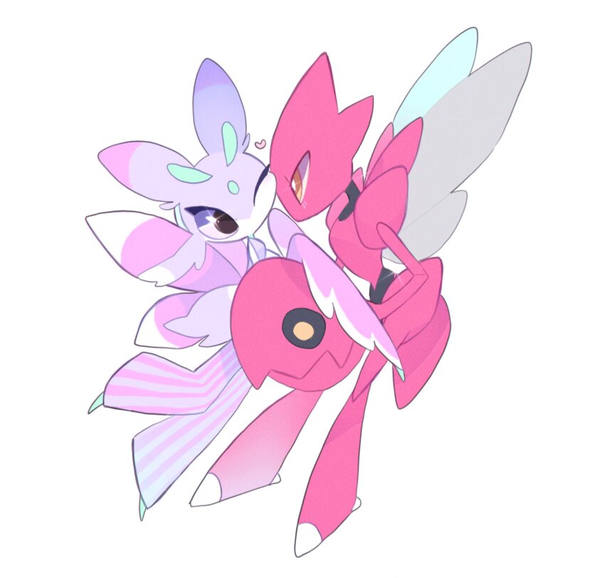 &gt;_o 1girl 1other antennae arthropod_girl bug colored_skin full_body furry furry_female gen_2_pokemon gen_7_pokemon heart highres insect_wings looking_at_another lurantis mantis_girl masayo_(skip) multicolored_skin nintendo no_mouth one_eye_closed pincers pink_skin pokemon pokemon_(creature) praying_mantis purple_eyes red_skin scizor simple_background standing white_background white_skin wings yellow_eyes