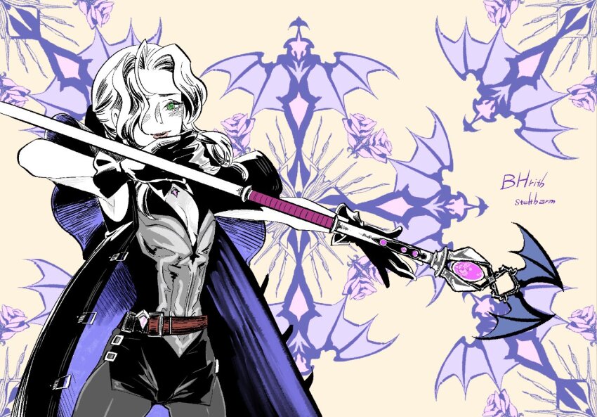 1girl aerith_gainsborough aerith_gainsborough_(bahamut_robe) animal_print armor armpits artist_name bat_print bat_wings belt black_capelet black_gloves black_jacket black_pantyhose black_ribbon black_shorts blush breasts brown_belt capelet cleavage cowboy_shot final_fantasy final_fantasy_vii final_fantasy_vii_ever_crisis gloves green_eyes hair_ribbon holding holding_staff jacket jewelry long_hair medium_breasts necklace official_alternate_costume pantyhose parted_bangs print_background ribbon shorts shoulder_armor sidelocks sleeveless sleeveless_jacket smile solo staff steltharm wavy_hair wings