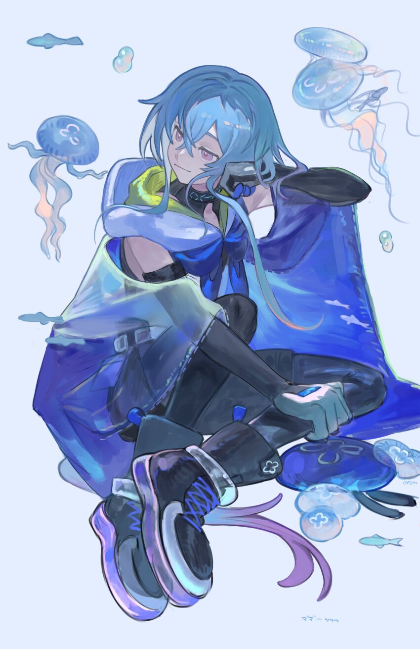 1boy absurdres arknights blue_cape blue_hair boots bubble cape closed_mouth clothing_cutout detached_sleeves fish highres hood hood_down hooded_cape infection_monitor_(arknights) jellyfish male_focus mizuki_(arknights) pantyhose pantyhose_under_shorts pink_eyes see-through_cape short_hair_with_long_locks shorts smile solo trap white_background yomotobi