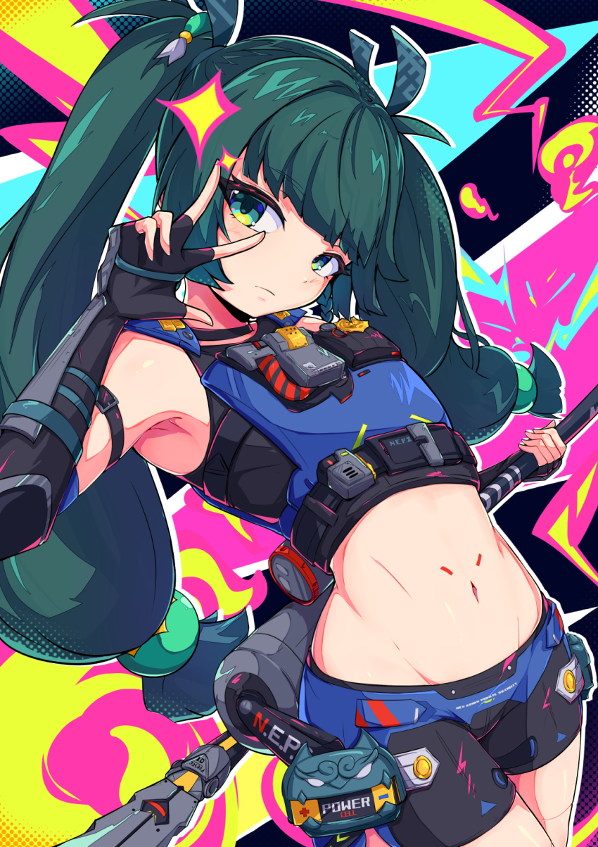 1girl android black_gloves black_shorts blunt_bangs closed_mouth colorful_background commentary cowboy_shot crop_top elbow_gloves fingerless_gloves gloves green_eyes green_hair hair_ornament hand_up highres holding holding_staff karan_koron100 long_hair looking_at_viewer navel police police_badge police_uniform policewoman qingyi_(zenless_zone_zero) short_shorts shorts sleeveless solo sphere_hair_ornament staff stomach three_section_staff twintails w w_over_eye zenless_zone_zero