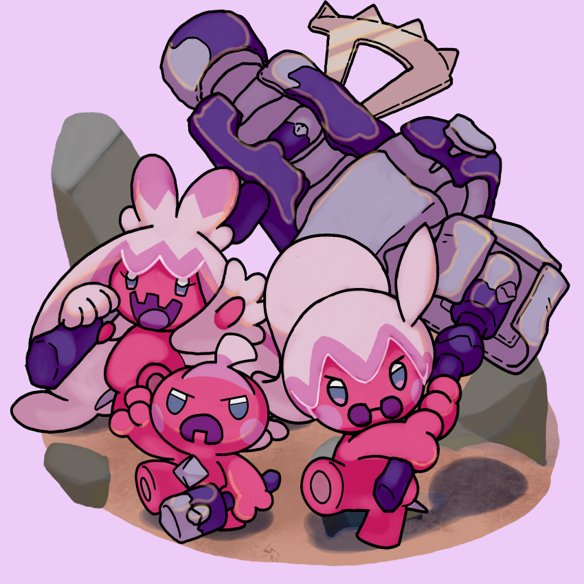 commentary_request hammer highres holding holding_hammer neneko_(creator_waco) nintendo no_humans open_mouth pokemon pokemon_(creature) pokemon_focus standing tinkatink tinkaton tinkatuff tongue
