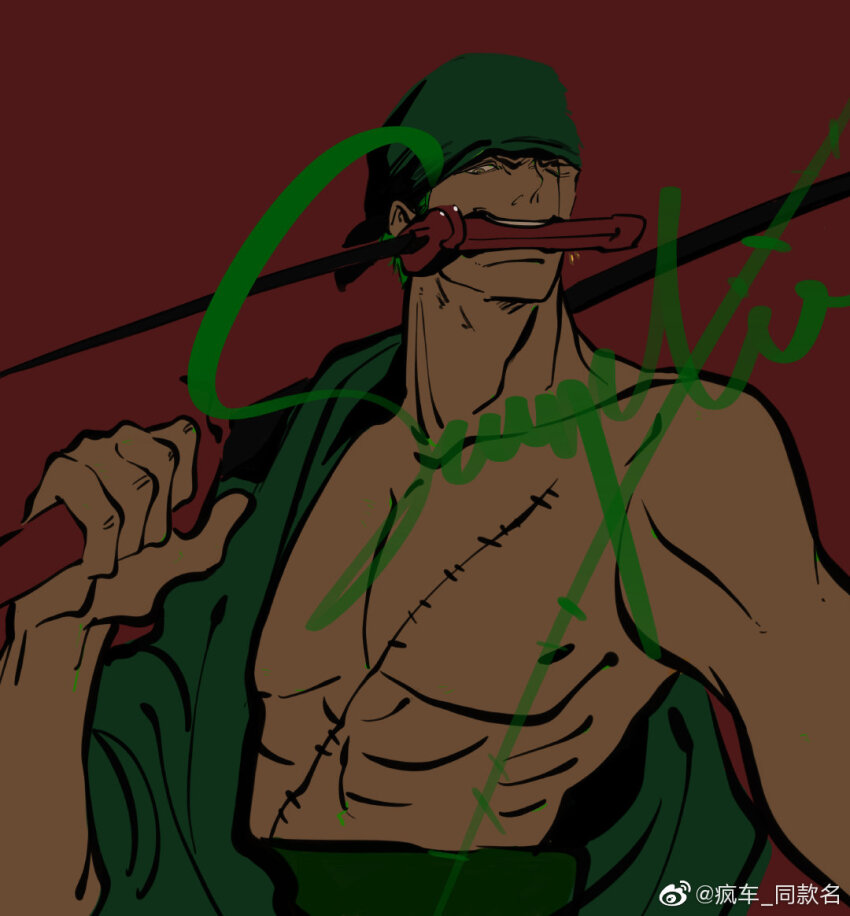 1boy bandana chinese_commentary earrings fengcheche green_bandana green_kimono haramaki holding holding_sword holding_weapon japanese_clothes jewelry kimono looking_to_the_side male_focus one_eye_closed one_piece roronoa_zoro sample_watermark solo stitched_torso stitches sword watermark weapon weapon_in_mouth weibo_username