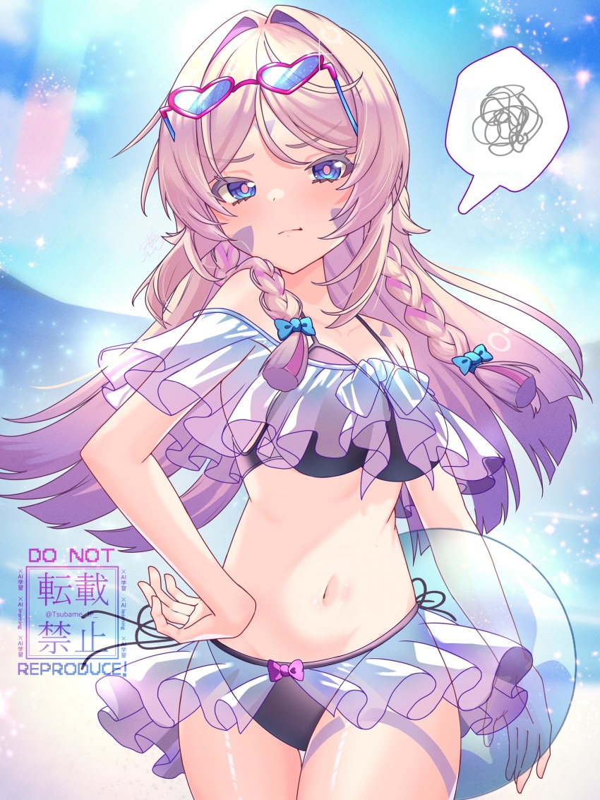 1girl alternate_costume ball bare_shoulders beachball bikini black_bikini blue-tinted_eyewear blue_bow blue_eyes bow bow_bikini braid breasts citlali_(genshin_impact) closed_mouth commentary_request day facial_mark forehead_mark genshin_impact hair_bow hand_on_own_hip heart heart-shaped_eyewear highres holding holding_ball holding_beachball large_breasts long_hair looking_at_viewer multicolored_hair navel off-shoulder_bikini off_shoulder outdoors pink_hair pink_pupils purple_bow purple_hair red-framed_eyewear side-tie_bikini_bottom solo speech_bubble spoken_squiggle squiggle stomach swimsuit tinted_eyewear triangle tsubame-tsubame- twin_braids very_long_hair