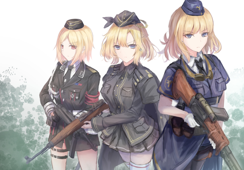 3girls absurdres armband battle_rifle black_gloves black_headwear black_jacket black_necktie black_pantyhose black_shirt black_skirt blonde_hair blue_eyes blue_headwear blue_jacket blue_skirt braid breasts brown_eyes closed_mouth commentary commentary_request cross cross_earrings earrings english_commentary fg42_(girls&#039;_frontline) fg_42 french_braid g43_(girls&#039;_frontline) garrison_cap gewehr_43 girls&#039;_frontline gloves goggles goggles_around_neck gun hat highres holding holding_gun holding_weapon iron_cross jacket jacket_on_shoulders jewelry large_breasts light_frown long_sleeves looking_at_viewer martinreaction medium_hair military military_hat military_uniform mixed-language_commentary mp40 mp40_(girls&#039;_frontline) multiple_girls necktie pantyhose red_armband rifle saber_(weapon) scope shirt short_hair short_sleeves skirt submachine_gun sword thigh_strap thighhighs v-shaped_eyebrows weapon white_gloves white_shirt white_thighhighs