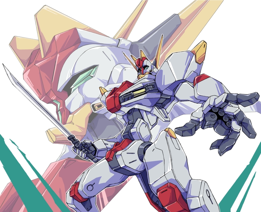 green_eyes highres hogeroh holding holding_sword holding_weapon kenbu_(kyoukai_senki) kyoukai_senki leaning_back looking_ahead looking_up mecha no_humans oobari_masami_(style) open_hand projected_inset robot science_fiction sword weapon white_background