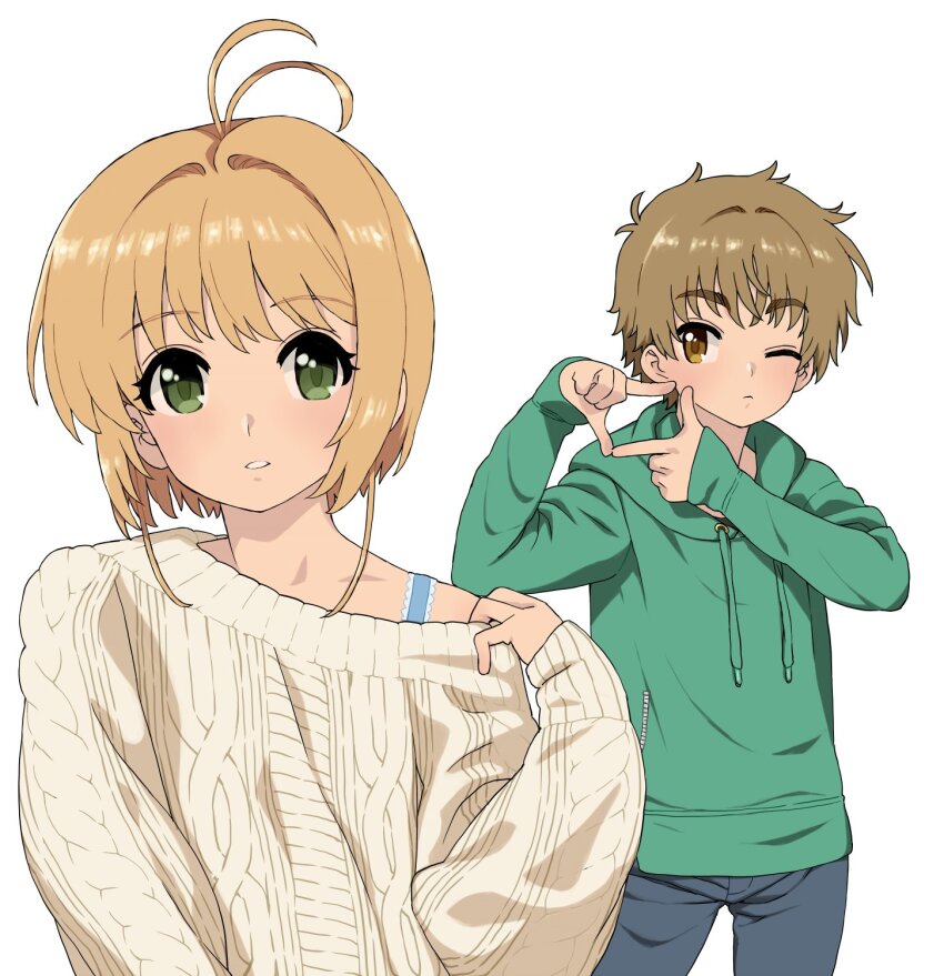 1boy 1girl antenna_hair blonde_hair blush brown_eyes brown_hair cardcaptor_sakura expressionless finger_frame green_eyes highres hood hoodie kinomoto_sakura li_syaoran looking_at_viewer one_eye_closed parted_lips ribbed_sweater short_hair simple_background sweater wakaho_riku white_background
