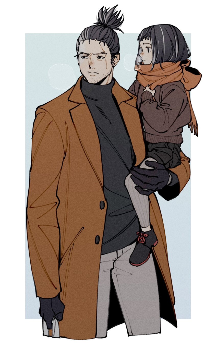 2boys beard_stubble black_footwear black_gloves black_hair black_shirt black_shorts brown_sweater closed_mouth coat cropped_legs facial_hair gloves grey_pants hand_on_own_chest highres kuro_the_divine_heir looking_to_the_side male_focus multiple_boys oimo_(oimkimn) open_clothes open_coat orange_coat orange_scarf pants scar scar_across_eye scar_on_face scarf sekiro sekiro:_shadows_die_twice shirt shoelaces shorts socks stubble sweater trench_coat turtleneck white_socks