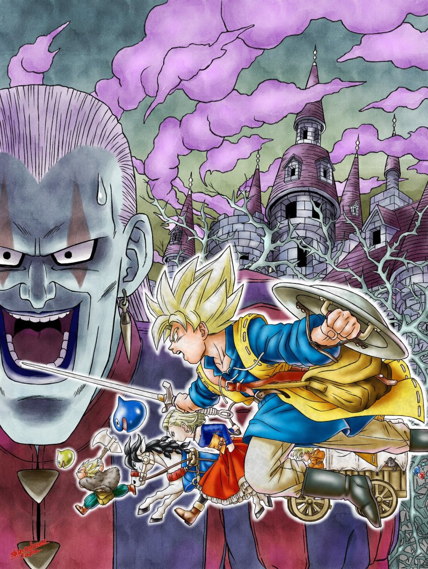android_18 axe blonde_hair bubbles_(dragon_ball) castle cloud cosplay creator_connection dhoulmagus dragon_ball dragon_quest dragon_quest_viii dragonball_z green_eyes hero_(dq8) hero_(dq8)_(cosplay) highres horse jessica_albert jessica_albert_(cosplay) long_skirt medea_(dq8) monkey off-shoulder_shirt off_shoulder open_mouth purple_lips red_skirt shield shinsokunotaka shirt signature skirt skirt_hold slime_(dragon_quest) son_gohan super_saiyan super_saiyan_1 sweatdrop sword toriyama_akira_(style) trode trode_(cosplay) vegeta wagon weapon whip white_hair yangus yangus_(cosplay)