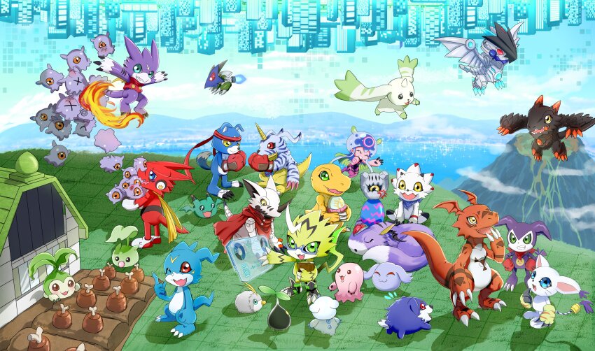 absurdres agumon animal_ears bowmon boxing_gloves cat cat_ears claws digimon digital_hazard digitama dinosaur dorumon dragon egg farm food gabumon gammamon gaomon gloves goromon guilmon gumdramon highres hiyarimon holy_ring impmon jazamon jellyfish jellyfish_girl jellymon jesmon jewelry kuramon leaf leafmon meat missimon mochimon monster_girl nyokimon one_eye_closed pagumon petitmon pulsemon pusumon red_eyes ring shoutmon_king_ver. smile tail tailmon tanemon tentacle_hair tentacles terriermon vorvomon wink