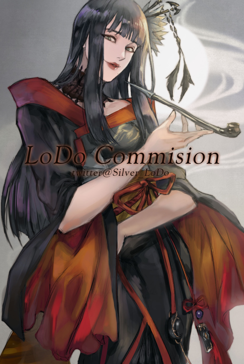 1girl absurdres arm_across_waist black_collar black_hair black_kimono blunt_bangs collar commission cowboy_shot final_fantasy final_fantasy_xiv flower green_eyes grey_background hair_flower hair_ornament hair_stick highres holding holding_smoking_pipe hyur inrou japanese_clothes kimono kiseru lace_collar long_hair looking_at_viewer obi obijime parted_lips red_trim sash silver_lodo simple_background smile smoking_pipe solo standing straight_hair twitter_username two-sided_fabric watermark yotsuyu_goe_brutus
