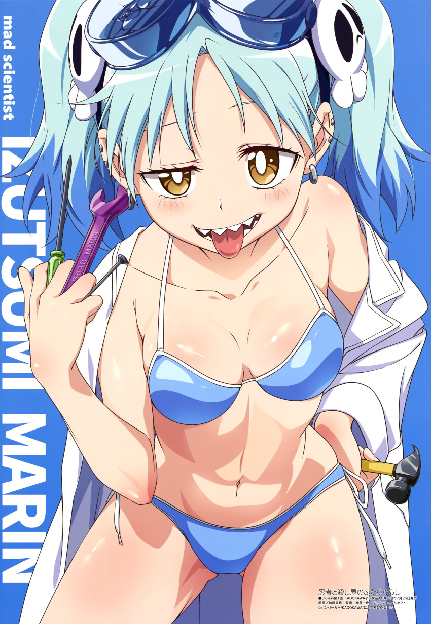1girl absurdres bent_over bikini blue_bikini blue_hair blush breasts cleavage coat ear_piercing earrings goggles goggles_on_head hair_ornament hammer hand_on_own_hip highres holding holding_hammer holding_screwdriver izutsumi_marin jewelry lab_coat leaning_forward long_hair looking_at_viewer magazine_scan megami_magazine midriff multicolored_hair navel ninja_to_koroshiya_no_futarigurashi official_art open_clothes open_coat open_mouth piercing scan screwdriver sharp_teeth single_off_shoulder skull_hair_ornament small_breasts smile swimsuit teeth thighs tongue tongue_out twintails two-tone_hair yellow_eyes