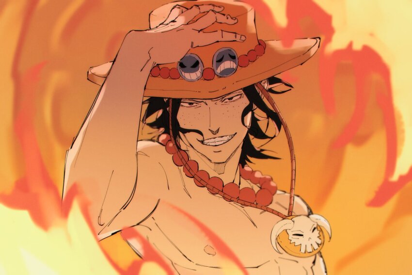 1boy black_hair clenched_teeth close-up commentary epcl4zj4u fire freckles hand_on_own_hat hat jewelry looking_at_viewer male_focus necklace one_piece orange_hat pearl_necklace portgas_d._ace short_hair solo teeth topless_male