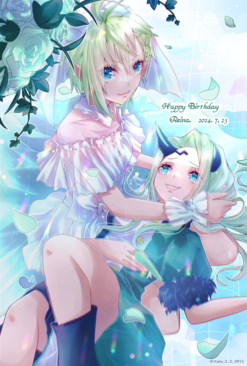 2girls bare_shoulders blue_eyes boots breasts dress flower frills green_hair hair_behind_ear happy_birthday highres horns lap_pillow long_hair lying macross macross_delta macross_delta:_zettai_live!!!!!! multiple_girls official_alternate_costume pointy_ears reina_prowler ritsuka_(rituka) short_hair short_sleeves single_horn sleeveless smile strapless strapless_dress very_long_hair walkure_(macross_delta) wedding_dress white_dress yami_q_ray yami_reina