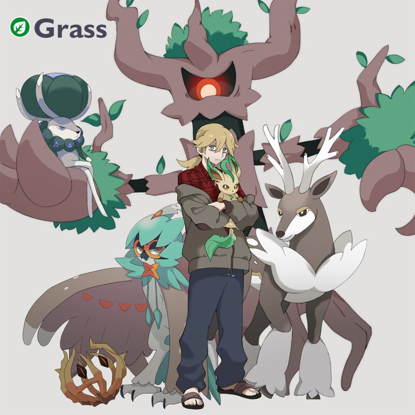 1boy blonde_hair blue_pants boyfriend_to_death bramblin calyrex closed_mouth decidueye full_body gen_5_pokemon gen_6_pokemon gen_7_pokemon gen_8_pokemon grey_background grey_eyes grey_jacket hair_between_eyes highres holding holding_pokemon jacket lawrence_oleander legendary_pokemon n0vaca1ne nintendo pants pokemon pokemon_(creature) ponytail red_shirt sandals sawsbuck sawsbuck_(winter) shirt sylveon trevenant