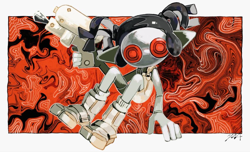 1girl aluy01 bodysuit border colored_skin full_body grey_skin gun highres holding holding_gun holding_weapon jelleton nintendo order_shot_(splatoon) outside_border parallel_canon_(splatoon) red_background red_eyes signature solo splatoon_(series) splatoon_3 splatoon_3:_side_order weapon white_bodysuit white_border