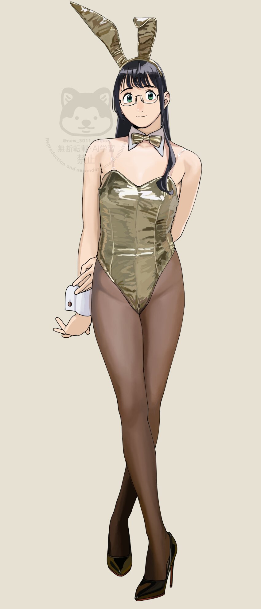 1girl absurdres alternate_costume animal_ear_hairband animal_ears black_hair black_pantyhose black_shoes bow bowtie christian_louboutin_(brand) detached_collar fake_animal_ears glasses gold_bowtie gold_leotard green_eyes grey_background hairband high_heels highres kantai_collection leotard long_hair looking_at_viewer louboutins ojipon ooyodo_(kancolle) pantyhose patent_heels playboy_bunny pumps rabbit_ears red_soles see-through_strap shoes simple_background solo standing stiletto_heels strapless strapless_leotard watermark wrist_cuffs