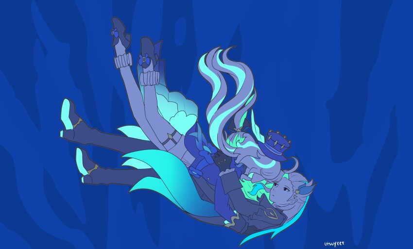 1boy 1girl abstract_background black_coat black_footwear black_gloves blue_headwear blue_theme boots coat falling frilled_sleeves frills furina_(genshin_impact) genshin_impact gloves glowing glowing_hair hat hetero highres long_hair long_sleeves low_twintails multicolored_hair neuvillette_(genshin_impact) shoes shorts socks streaked_hair thigh_strap top_hat twintails utsuyeet very_long_hair white_hair white_shorts white_socks yoru_ni_kakeru