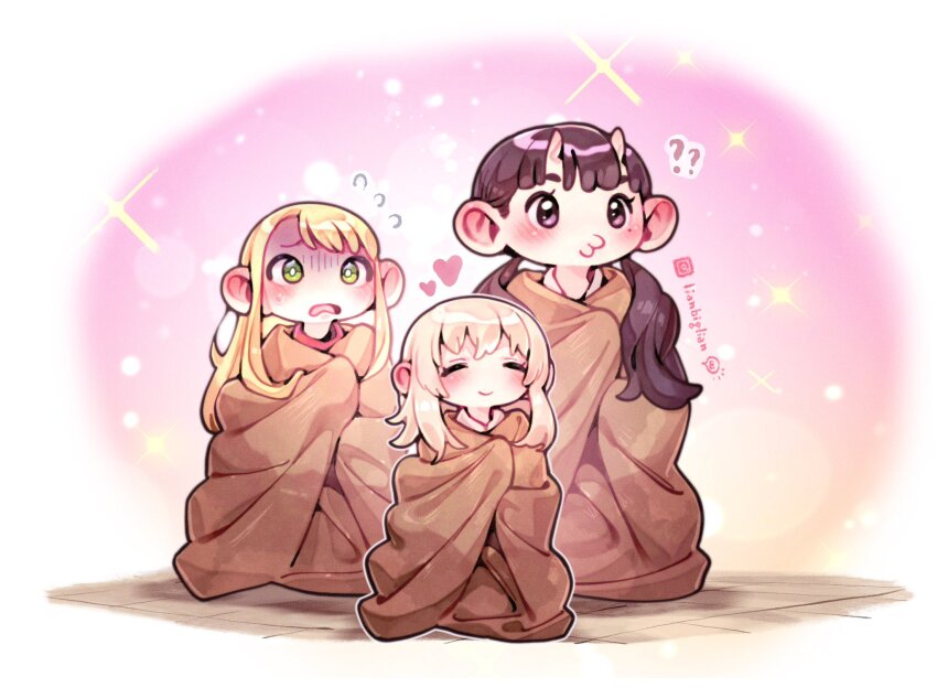 3girls ? artist_name closed_eyes dungeon_meshi falin_touden green_eyes heart highres inutade lianbiglian long_hair marcille_donato multiple_girls oni open_mouth simple_background sparkle wrapped_in_blanket