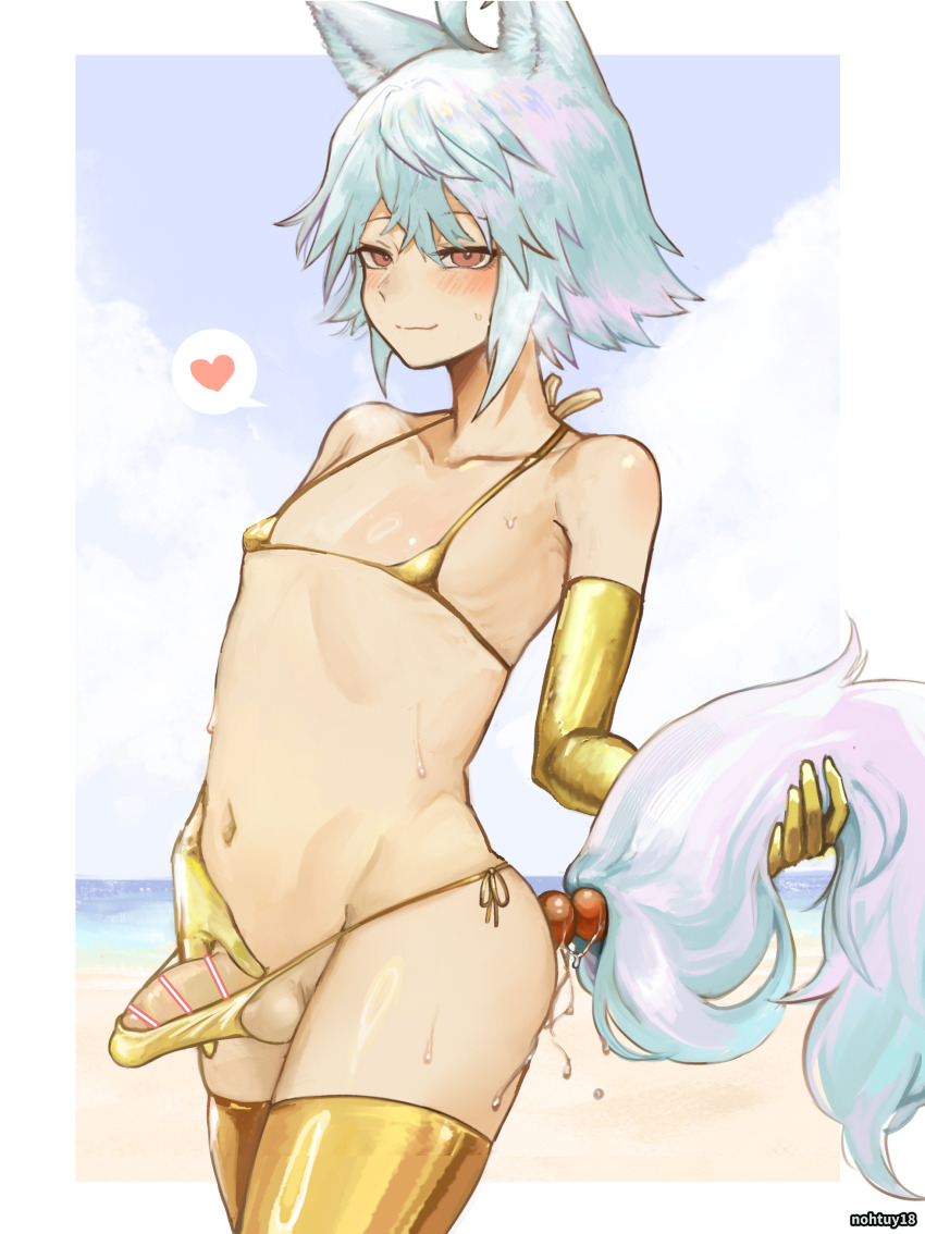 1boy absurdres anal anal_beads anal_object_insertion anal_tail animal_ears bar_censor bikini blue_hair blush butt_plug censored elbow_gloves fake_tail gloves gold_bikini gold_gloves gold_thighhighs highres looking_at_viewer male_focus micro_bikini nohtuy object_insertion original penis red_eyes sex_toy short_hair smile swimsuit tail trap