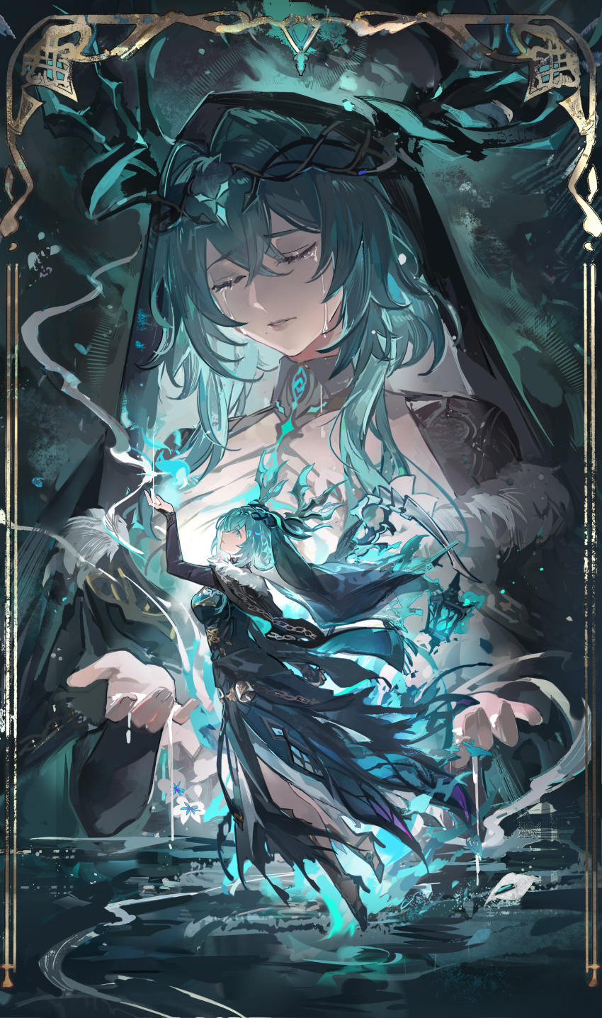 1girl absurdres arm_up black_dress black_veil breasts closed_eyes crying dress duet_night_abyss green_hair hair_between_eyes hair_intakes high_heels highres lady_nifle_(duet_night_abyss) lantern large_breasts long_dress long_sleeves medium_hair mento multiple_views parted_lips scythe veil weapon