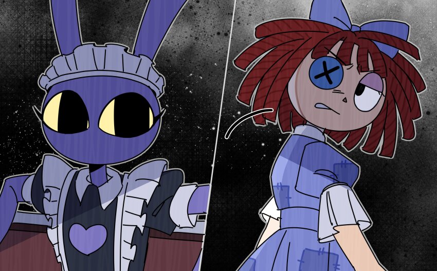1boy 1girl absurdres animal_ears black_dress black_eyes blue_bow blue_dress bow button_eyes buttons colored_sclera commentary_request crossdressing dilated_pupils dress hair_bow highres jax_(the_amazing_digital_circus) korean_commentary looking_back maid maid_headdress newspringonion no_mouth puffy_sleeves rabbit_boy rabbit_ears ragatha_(the_amazing_digital_circus) red_hair short_hair short_sleeves the_amazing_digital_circus yellow_sclera