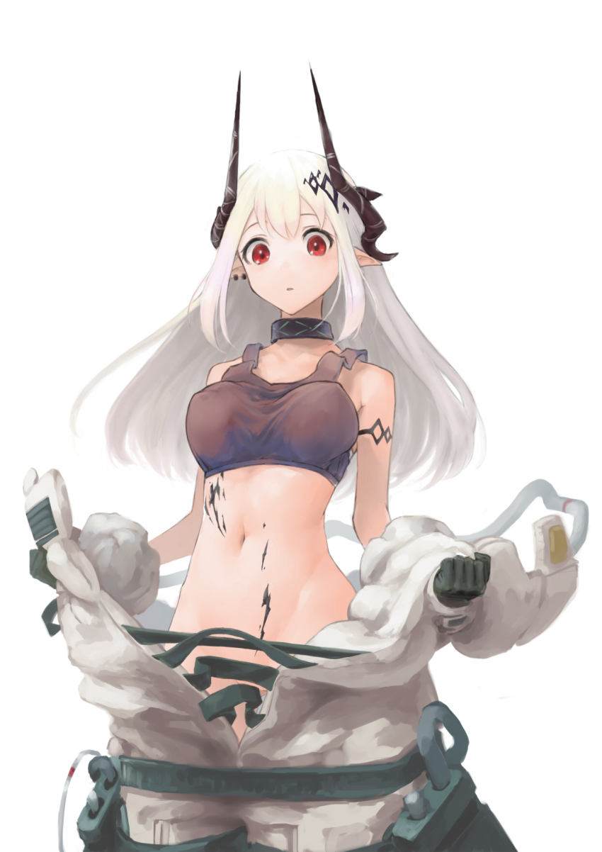 1girl arknights bare_shoulders black_gloves black_sports_bra bottomless breasts convenient_censoring earrings elite_ii_(arknights) gloves highres horns jewelry large_breasts looking_at_viewer mudrock_(arknights) mudrock_(elite_ii)_(arknights) navel nibuihito no_panties open_clothes pointy_ears red_eyes simple_background solo sports_bra stomach white_background white_hair