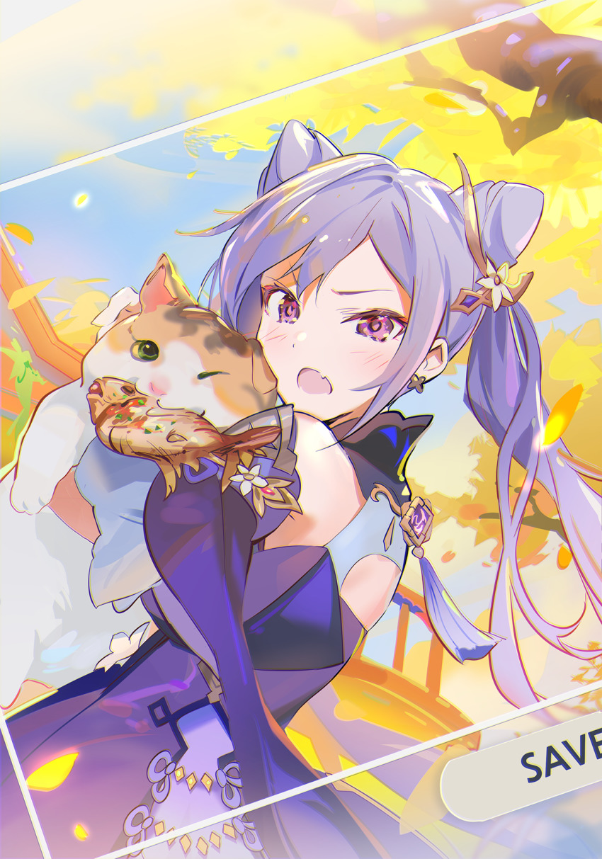 1girl :o animal autumn_leaves blush calico_(pattern) cat collared_dress commentary cone_hair_bun detached_sleeves dress earrings fang fish flower genshin_impact hair_bun hair_flower hair_ornament highres holding holding_animal holding_cat jewelry keqing_(genshin_impact) leaf long_hair looking_at_viewer naye outdoors purple_dress purple_eyes purple_hair skin_fang solo tree twintails vision_(genshin_impact)