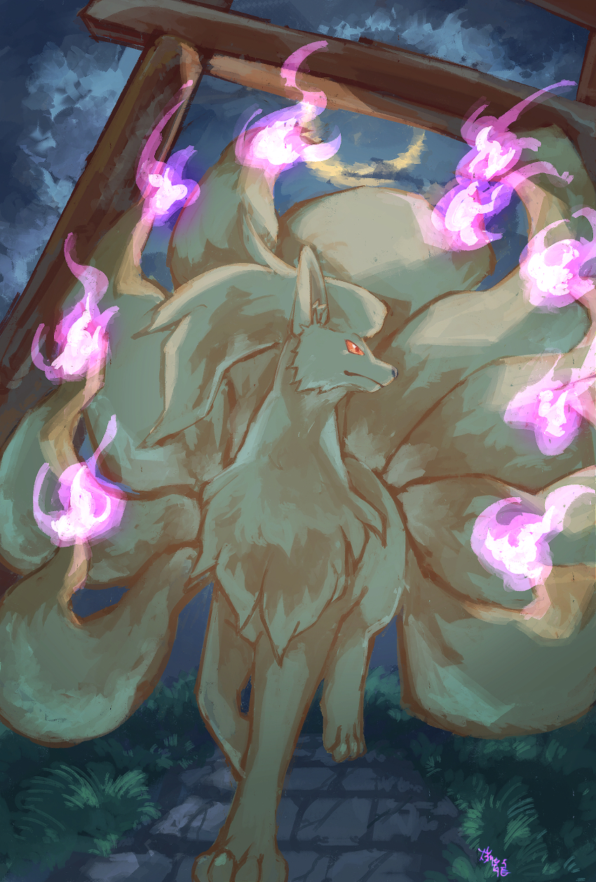 absurdres animal_focus closed_mouth fire gen_1_pokemon grass highres night ninetales nintendo no_humans ohayou_milk orange_eyes pokemon pokemon_(creature) purple_fire walking