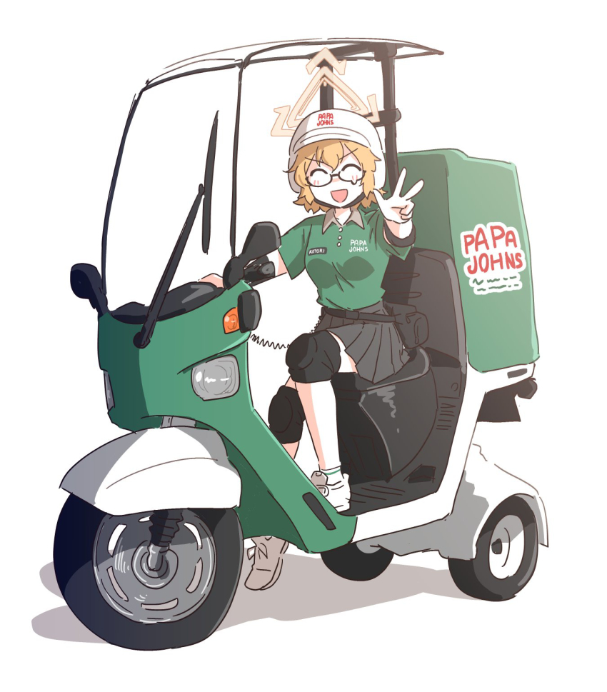 1girl :d ^_^ black-framed_eyewear black_skirt blonde_hair blue_archive blush closed_eyes closed_mouth collared_shirt commentary_request delivery elbow_pads employee_uniform fanny_pack food_delivery_box green_shirt halo hariyaa helmet highres honda_gyro knee_pads kotori_(blue_archive) motor_vehicle name_tag open_mouth papa_john&#039;s pleated_skirt semi-rimless_eyewear shirt short_hair short_sleeves simple_background skirt smile solo three-wheeler triangle_halo under-rim_eyewear v white_background white_helmet yellow_halo