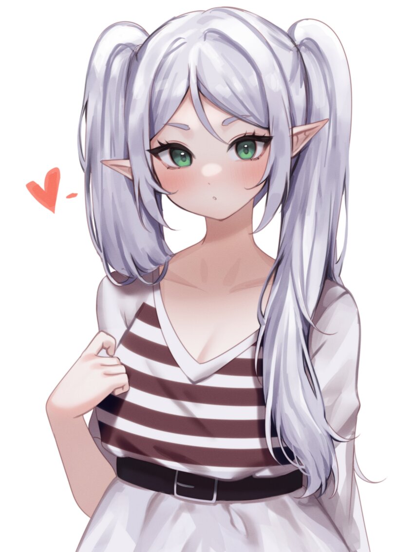 1girl absurdres arm_behind_back belt black_belt breasts brown_shirt cleavage clothes_lift collarbone elf eyebrows_hidden_by_hair frieren green_eyes hair_between_eyes heart high-waist_skirt highres long_hair looking_at_viewer open_mouth pointy_ears shirt shirt_lift skirt sky_above_me small_breasts solo sousou_no_frieren standing striped_clothes striped_shirt swept_bangs very_long_hair white_background white_shirt