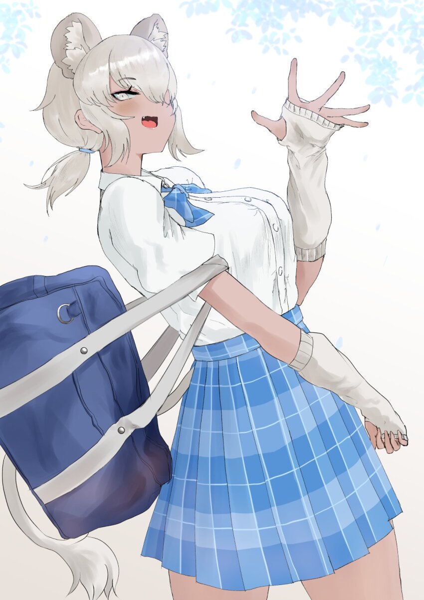 1girl animal_ears bag blue_bow blue_bowtie blue_sky blush bow bowtie cowboy_shot dark-skinned_female dark_skin detached_sleeves extra_ears fang gaga_(gamerakero) grey_eyes hair_between_eyes highres kemono_friends lion_ears lion_girl lion_tail open_mouth plaid_bow plaid_bowtie plaid_clothes plaid_skirt pleated_skirt school_bag school_uniform shirt shirt_tucked_in short_hair short_sleeves short_twintails sidelocks skirt sky sleeves_past_wrists solo t-shirt tail thumb_hole_sleeves transvaal_lion_(kemono_friends) twintails waving white_hair white_shirt white_sleeves