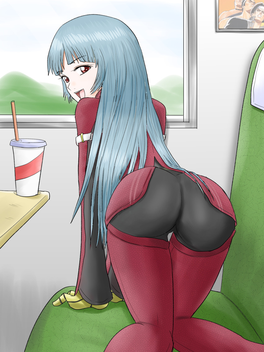 1girl all_fours ass ass_focus belt bench blue_hair bodysuit cup daimon_gorou drinking_straw gloves hachimaki harukai-i headband highres kula_diamond kusanagi_kyou long_hair looking_at_viewer nikaidou_benimaru picture_frame portrait_(object) purple_eyes smile table the_king_of_fighters window