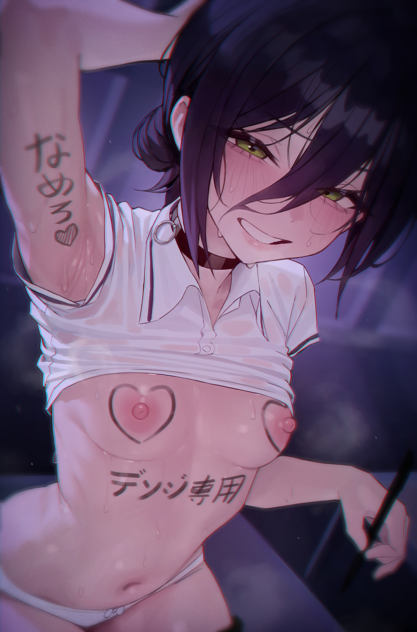 1girl absurdres arm_up armpits black_choker black_hair body_writing breasts chainsaw_man choker clothes_lift collared_shirt green_eyes grenade_pin grin hair_between_eyes hair_bun highres holding holding_marker hyuk_(yeayeo) long_hair_between_eyes looking_at_viewer marker medium_hair navel nipples panties reze_(chainsaw_man) shirt shirt_lift sleeveless sleeveless_shirt small_breasts smile solo sweat underwear white_panties white_shirt