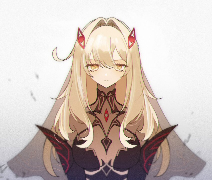 1girl bodystocking breasts closed_mouth coldeye cowlick detached_sleeves expressionless eye_hair_ornament eye_symbol genshin_impact gloves hair_between_eyes hair_ornament highres long_hair looking_at_viewer ronova_(genshin_impact) simple_background solo symbol-shaped_pupils upper_body veil very_long_hair white_background yellow_eyes