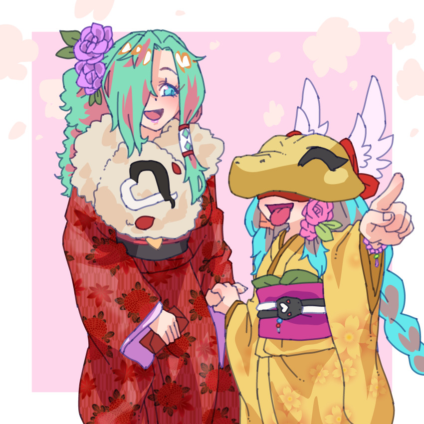 2girls :d ^_^ absurdres alternate_costume aqua_hair bead_bracelet beads bracelet braid closed_eyes commentary_request cowboy_shot digimon digimon_(creature) flower fur-trimmed_kimono fur_trim furisode gerusyu hair_flower hair_ornament hair_over_one_eye hair_ribbon highres holding_hands japanese_clothes jewelry kimono long_hair long_sleeves looking_at_another mervamon minervamon multiple_girls no_headwear obi open_mouth purple_sash red_kimono ribbon sash smile snake_mask standing tongue tongue_out tress_ribbon twin_braids very_long_hair wide_sleeves yellow_kimono